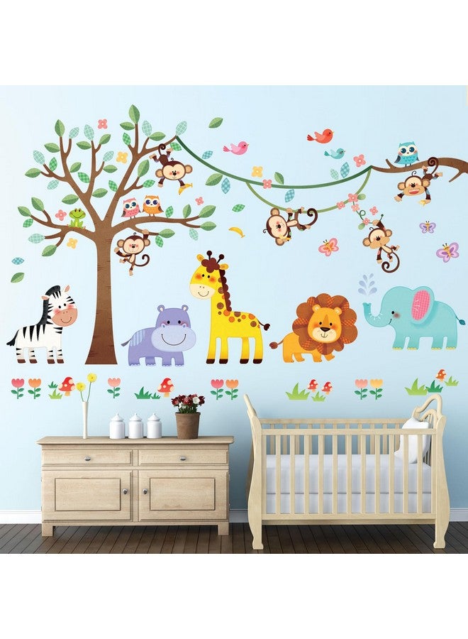 DECOWALL SG-2113 Jungle Animal Tree Wall Decals Cartoon Elephant Monkey Giraffe Lion Forest Stickers for Kids Baby Nursery Bedroom Playroom Living Room Decor DIY Art - Image 1
