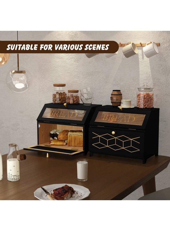 HOLTICO Double Layer Bread Box With Golden Trim for Countertop, Wooden Bread Container for Kitchen Counter, Corner Bread Storage (Black1) - Image 5