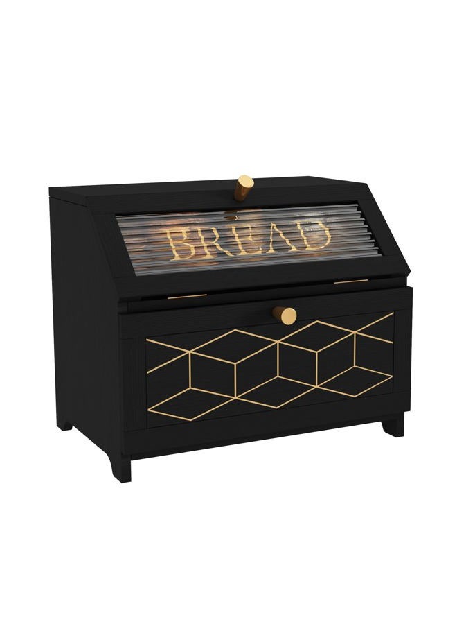 HOLTICO Double Layer Bread Box With Golden Trim for Countertop, Wooden Bread Container for Kitchen Counter, Corner Bread Storage (Black1) - Image 1