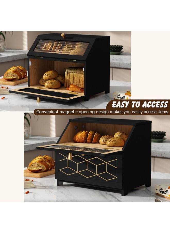 HOLTICO Double Layer Bread Box With Golden Trim for Countertop, Wooden Bread Container for Kitchen Counter, Corner Bread Storage (Black1) - Image 3