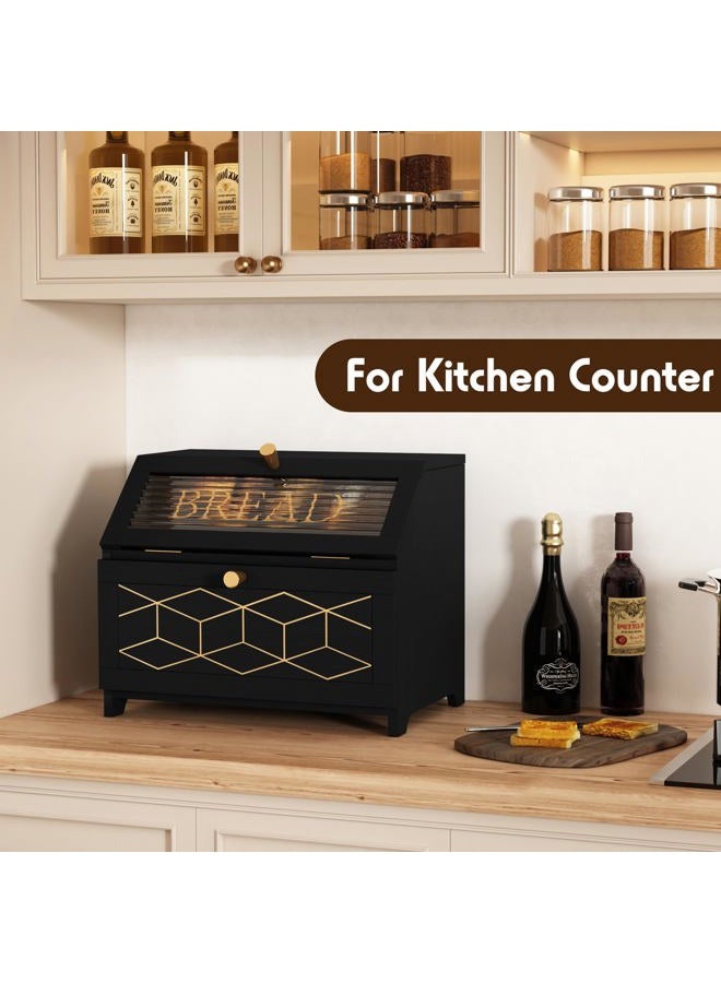 HOLTICO Double Layer Bread Box With Golden Trim for Countertop, Wooden Bread Container for Kitchen Counter, Corner Bread Storage (Black1) - Image 2