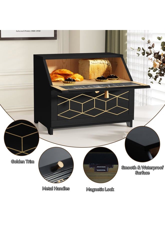 HOLTICO Double Layer Bread Box With Golden Trim for Countertop, Wooden Bread Container for Kitchen Counter, Corner Bread Storage (Black1) - Image 4