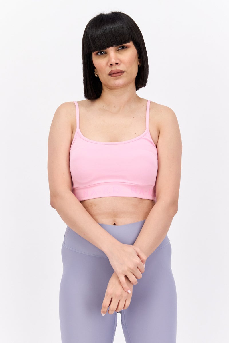 NA-KD Women Scoop Neck Sleeveless Brand Logo Crop Top, Light Pink - Image 1