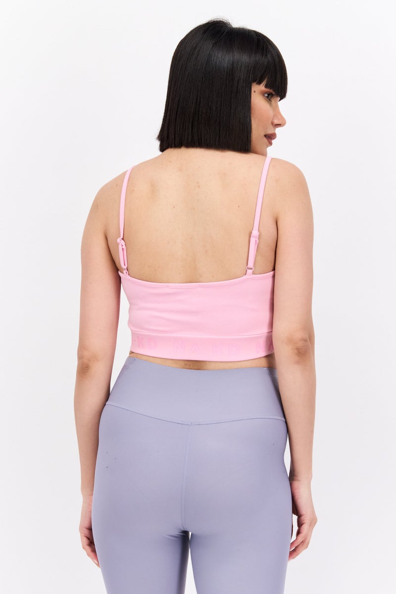 NA-KD Women Scoop Neck Sleeveless Brand Logo Crop Top, Light Pink - Image 2