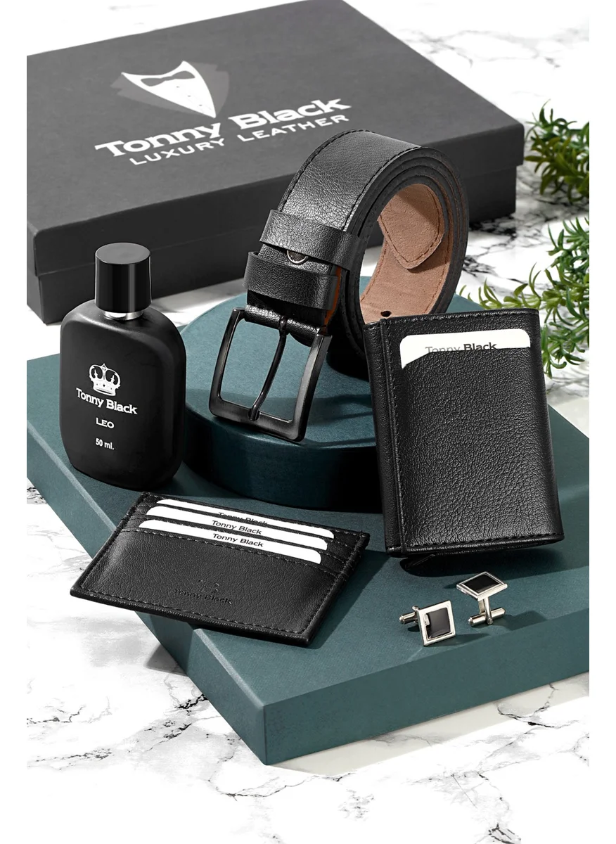 توني بلاك Original Men's 5-Piece Special Gift Boxed Luxury Series Gift Accessory Box Dowry Wedding Groom Suit Classic Set Stylish Leather Belt Mechanism Wallet Card Holder Cufflinks and Perfume Set