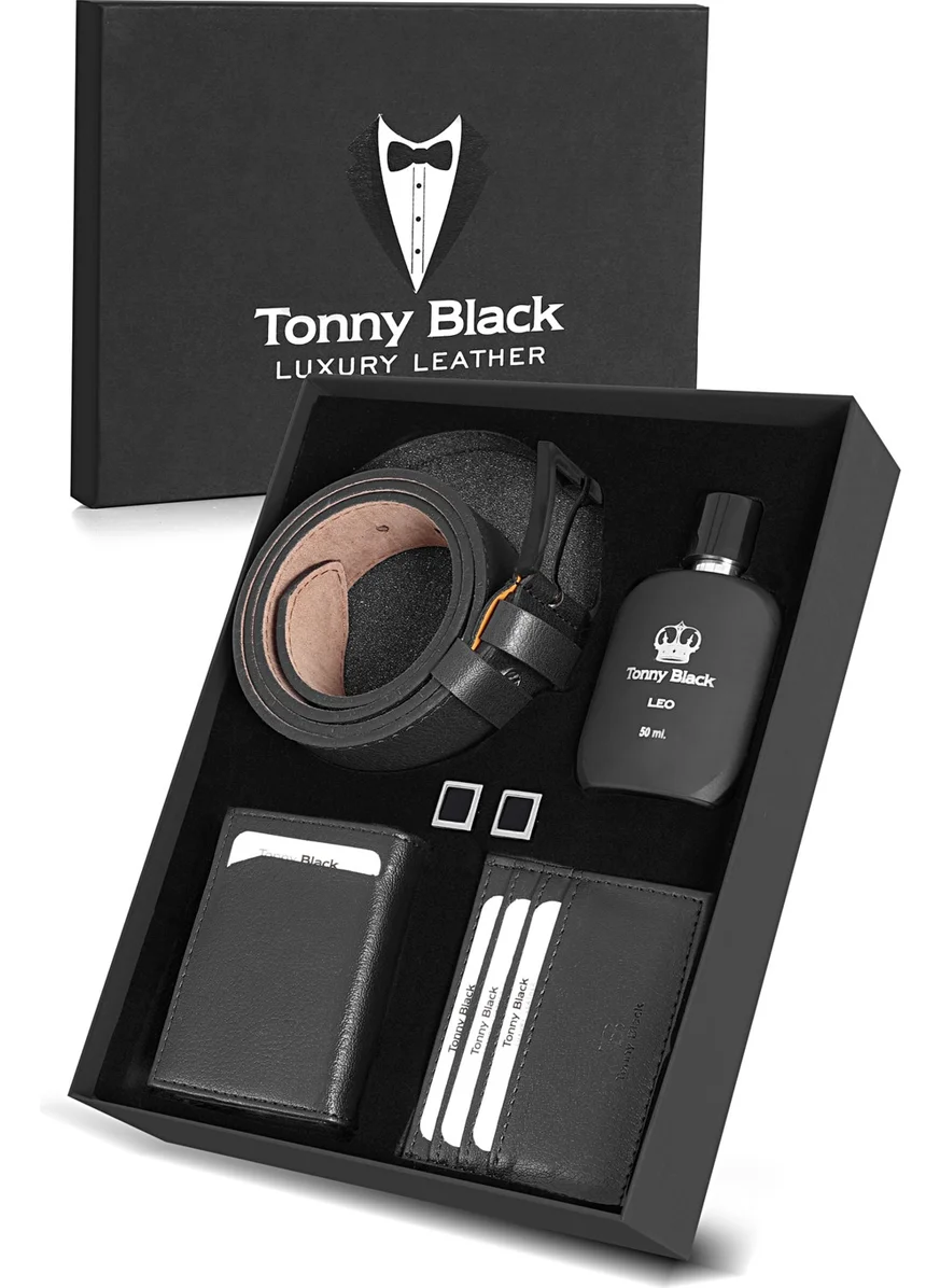 tonny black Original Men's 5-Piece Special Gift Boxed Luxury Series Gift Accessory Box Dowry Wedding Groom Suit Classic Set Stylish Leather Belt Mechanism Wallet Card Holder Cufflinks and Perfume Set