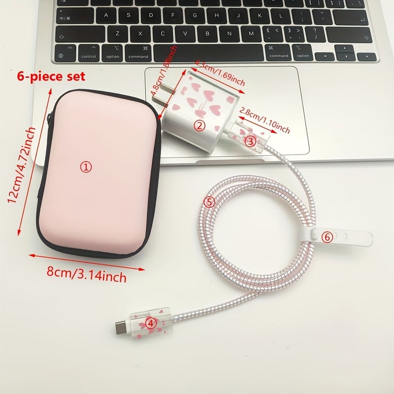 6 Pcs Pink Heart Light Pink EVA Storage Box for Data Cable Protective Case Shockproof Drop Proof Multi Color - Image 2