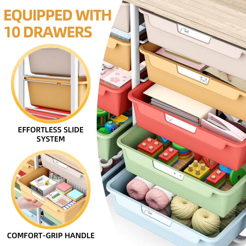 APEXCHASER 10 Drawers Rolling Cart with Wooden Tabletop, Utility Storage Cart with Wheels, Art Supply Craft Organizer on Wheel with Metal Frame & Handles for Home Office School,Colorful - Image 3