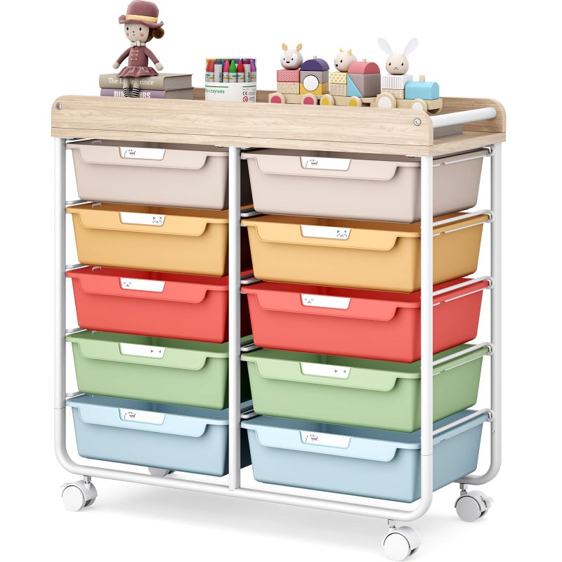 APEXCHASER 10 Drawers Rolling Cart with Wooden Tabletop, Utility Storage Cart with Wheels, Art Supply Craft Organizer on Wheel with Metal Frame & Handles for Home Office School,Colorful - Image 1