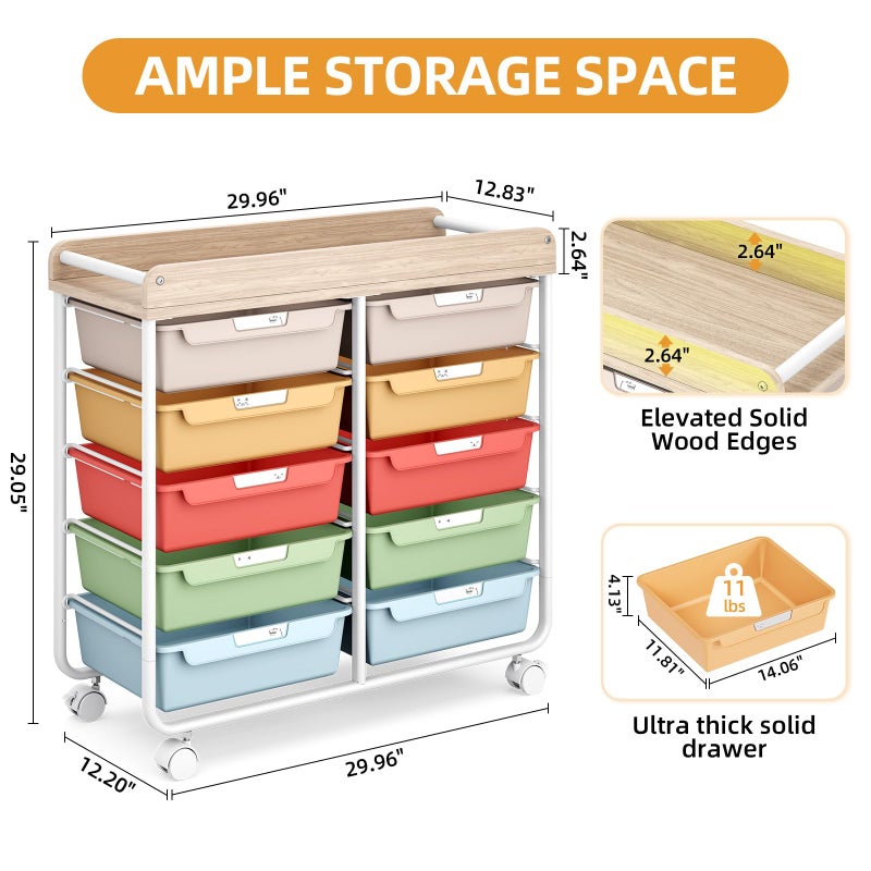 APEXCHASER 10 Drawers Rolling Cart with Wooden Tabletop, Utility Storage Cart with Wheels, Art Supply Craft Organizer on Wheel with Metal Frame & Handles for Home Office School,Colorful - Image 2