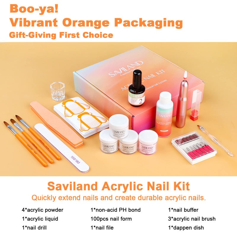 SAVILAND Acrylic Nail Kit - Drill & Acid-free Primer, Clear White Pink Nudes Powder & Liquid Set, Brushes, DIY Nail Extension Gifts for Beginners" - Image 2