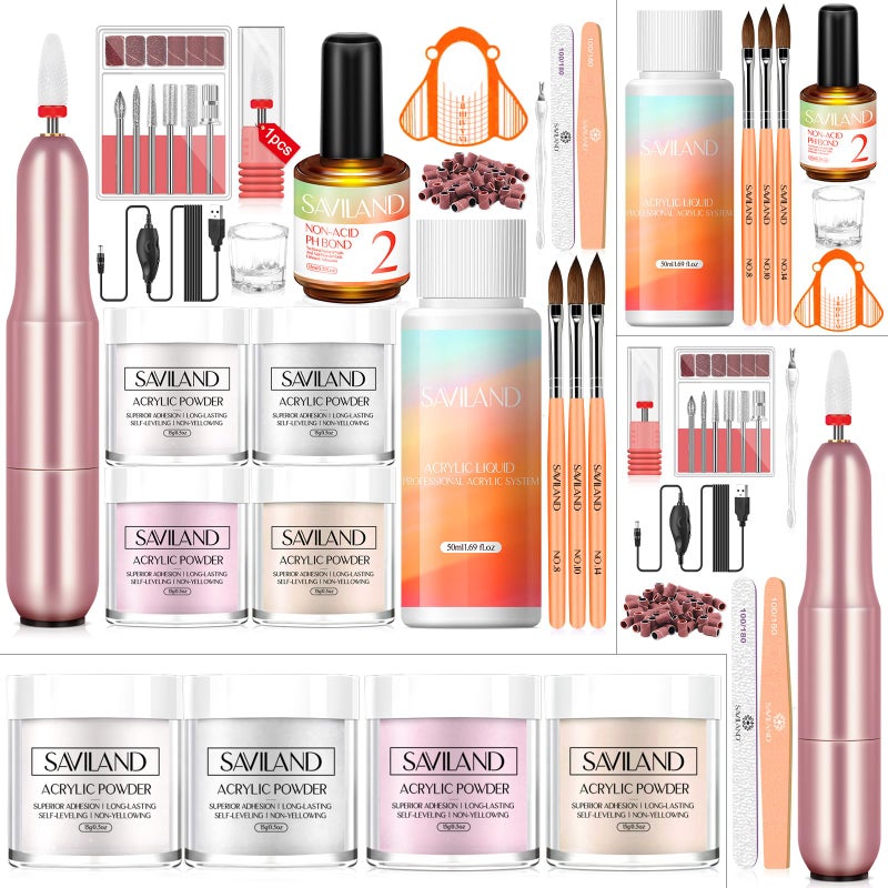 SAVILAND Acrylic Nail Kit - Drill & Acid-free Primer, Clear White Pink Nudes Powder & Liquid Set, Brushes, DIY Nail Extension Gifts for Beginners" - Image 1