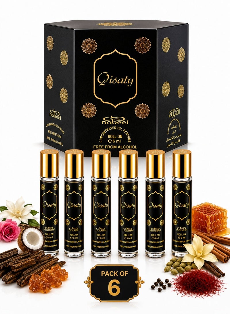 Nabeel 6 Pcs Nabeel Qisaty 6 ML Roll On Perfume Oil Luxurious Long-Lasting Arabic Attar for Everyday Elegance - Image 1