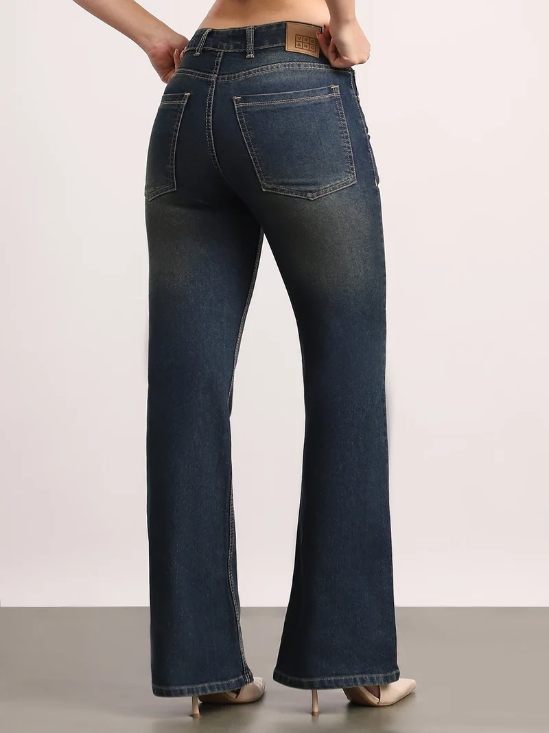 Urbano Fashion  Urbano Fashion Women's Dark Blue Mid Rise Bootcut Washed Jeans Stretchable  | Best Price UAE
