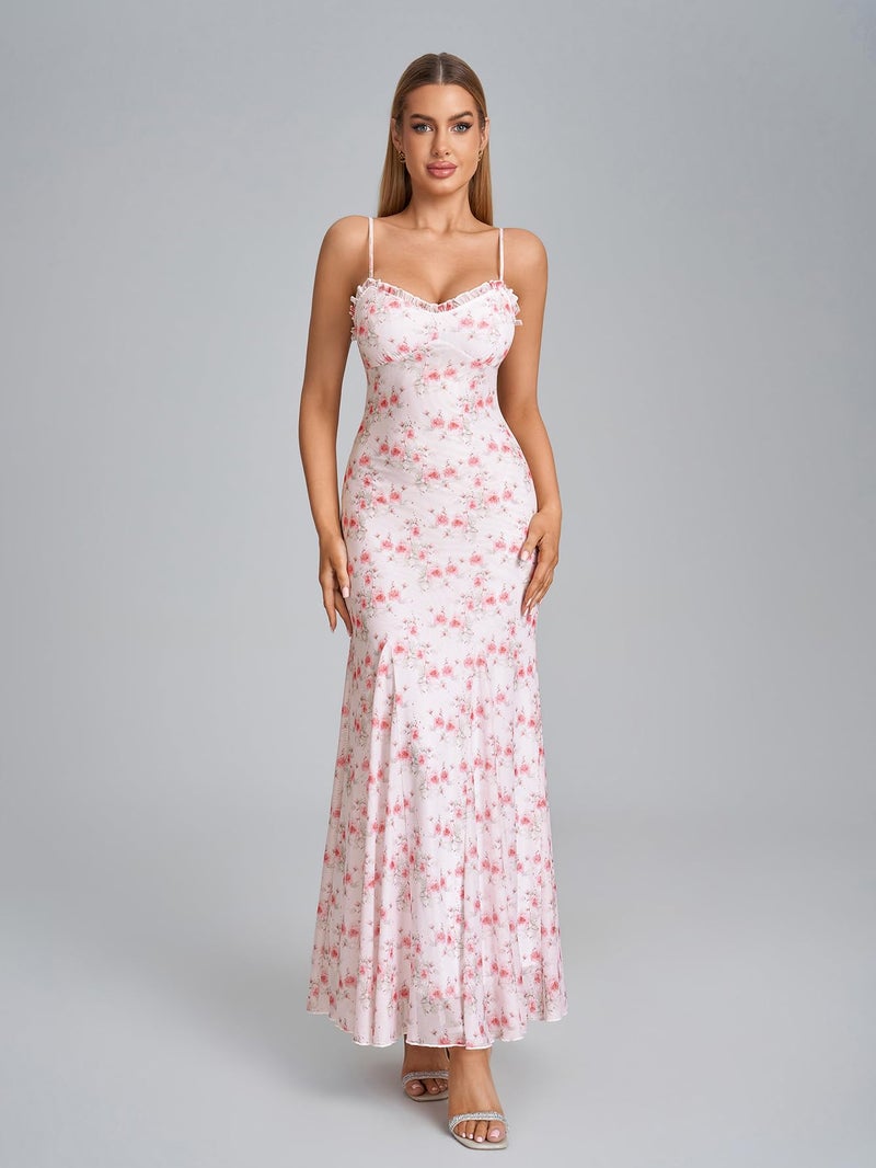 EYNMIN Floral Maxi Dress Lace Spaghetti Strap Flowy Ruffle Long Sundress 2026 Spring Summer Wedding Guest Dresses for Women - Image 5