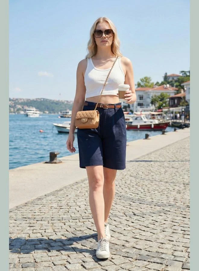 ليلا Lela Cotton Loose Fit Pleated Belted Bermuda Shorts Women's Shorts 668YP5439