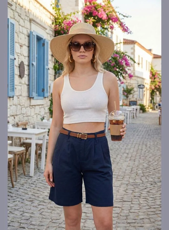 ليلا Lela Cotton Loose Fit Pleated Belted Bermuda Shorts Women's Shorts 668YP5439