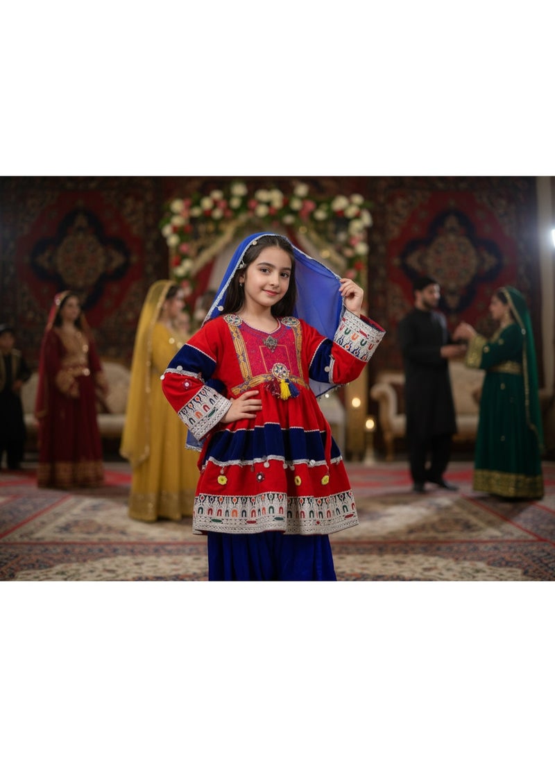 Afghan Princess Traditional Girls' Dress with Pants and Head Covering - Image 2