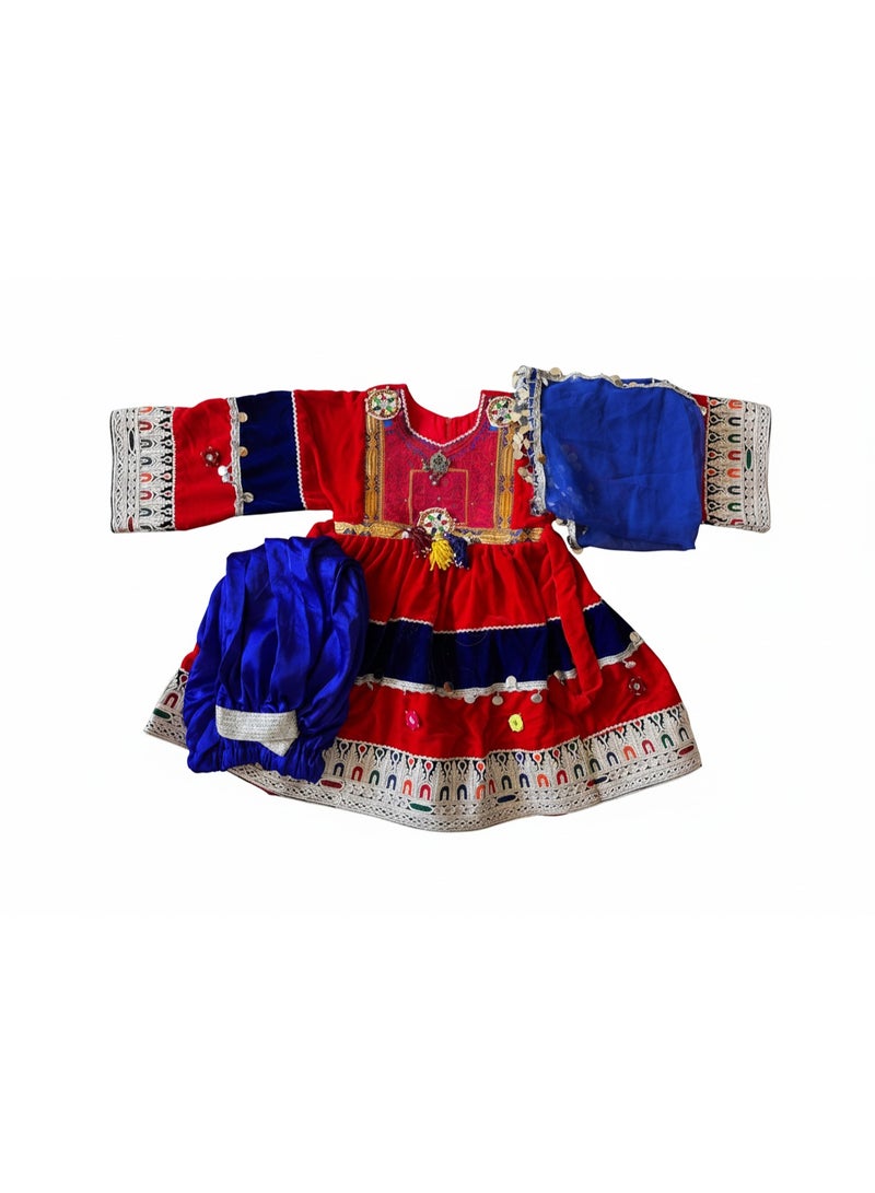 Afghan Princess Traditional Girls' Dress with Pants and Head Covering - Image 1