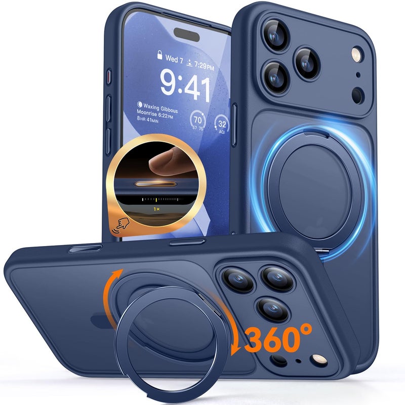 كانشن حافظة CANSHN مغناطيسية لهاتف iPhone 17 Pro Max (6.9 بوصة) مع حامل يدور 360 درجة [التحكم في الكاميرا]، ترقية [حماية كاملة للكاميرا] غطاء هاتف شفاف غير لامع، أزرق داكن - Image 1