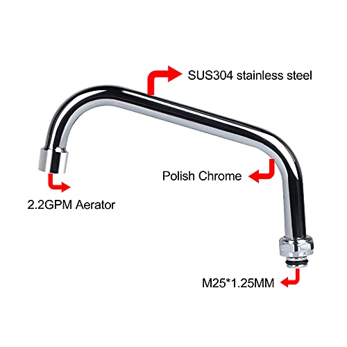 KWODE 14” Swivel Spout Replacement Kit for Commercial Kitchen Sink Faucet with Swing Nozzle Stainless Steel Add-on Spout Chrome Polished Finish(Connector Size is M25*1.25MM) - Image 5