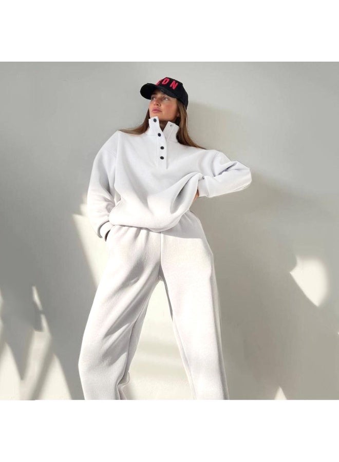 NIBEMINENT Fashion Button-up Stand Collar Long-sleeved Sweatshirt Top + Cuffed Pants 2-piece Set Women Pure Color Casual Autumn Suit Female - Image 1