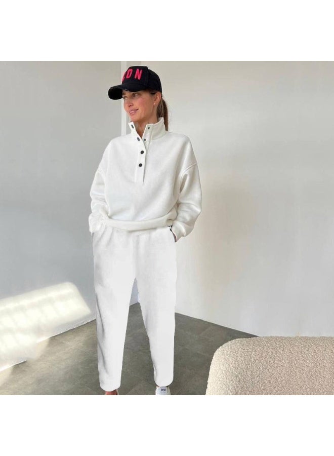 NIBEMINENT Fashion Button-up Stand Collar Long-sleeved Sweatshirt Top + Cuffed Pants 2-piece Set Women Pure Color Casual Autumn Suit Female - Image 2