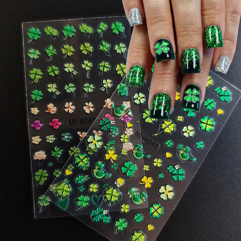 OSTTMA 2 Sheets Green Shamrock Nail Art Stickers 5D Embossed St. Patrick's Day Nails Stickers Self Adhesive Nail Decals Shamrocks Green Nails Design Supplies for Women St. Patrick's Day Manicure Decoration - Image 1