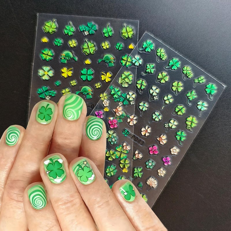 OSTTMA 2 Sheets Green Shamrock Nail Art Stickers 5D Embossed St. Patrick's Day Nails Stickers Self Adhesive Nail Decals Shamrocks Green Nails Design Supplies for Women St. Patrick's Day Manicure Decoration - Image 2