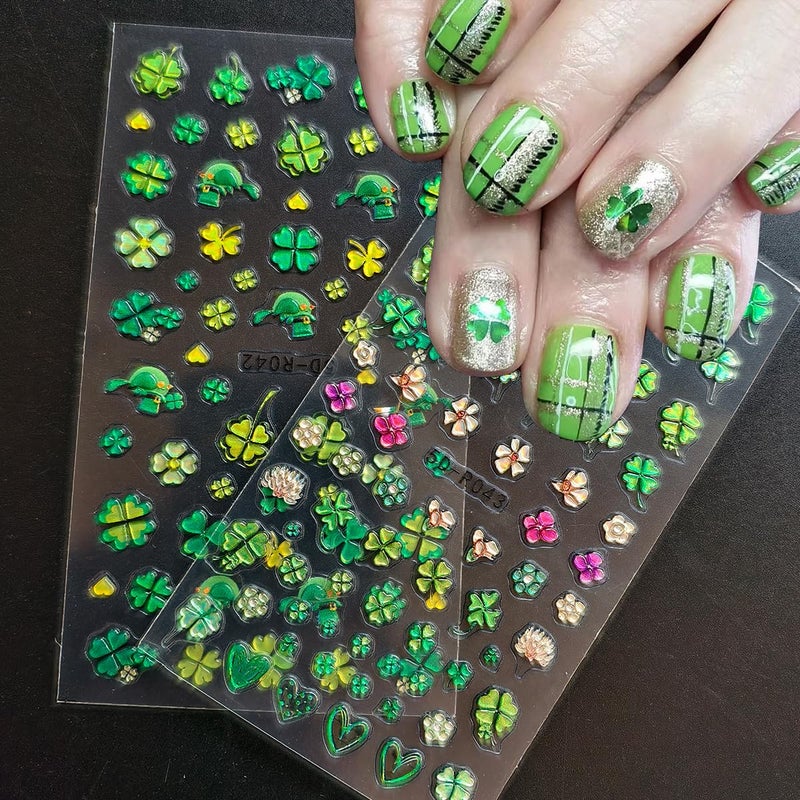 OSTTMA 2 Sheets Green Shamrock Nail Art Stickers 5D Embossed St. Patrick's Day Nails Stickers Self Adhesive Nail Decals Shamrocks Green Nails Design Supplies for Women St. Patrick's Day Manicure Decoration - Image 3