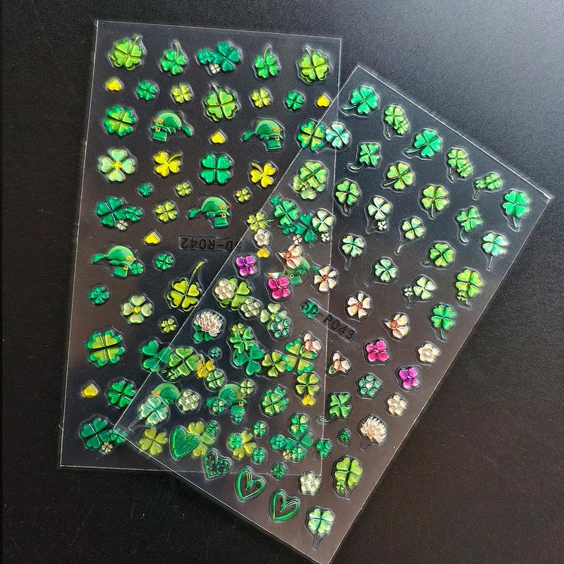 OSTTMA 2 Sheets Green Shamrock Nail Art Stickers 5D Embossed St. Patrick's Day Nails Stickers Self Adhesive Nail Decals Shamrocks Green Nails Design Supplies for Women St. Patrick's Day Manicure Decoration - Image 5