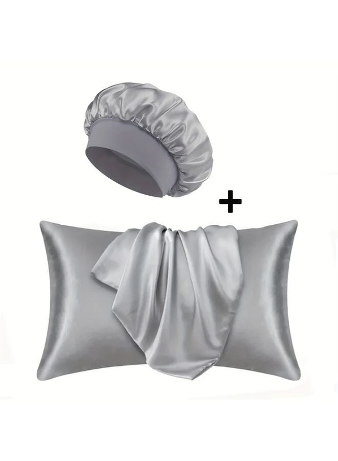 Light Grey Satin Sleep Set 3pcs Silky Pillowcase Hair Bonnet Bedroom Accessories - Image 1