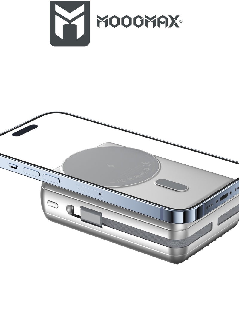 20000mAh Trunk series magnetic wireless power bank  22.5W super-charging, two built-in cables with 15W wireless charging, 3 external ports 1 Type-C and 1 Type-A, and a Lightning port. Silver