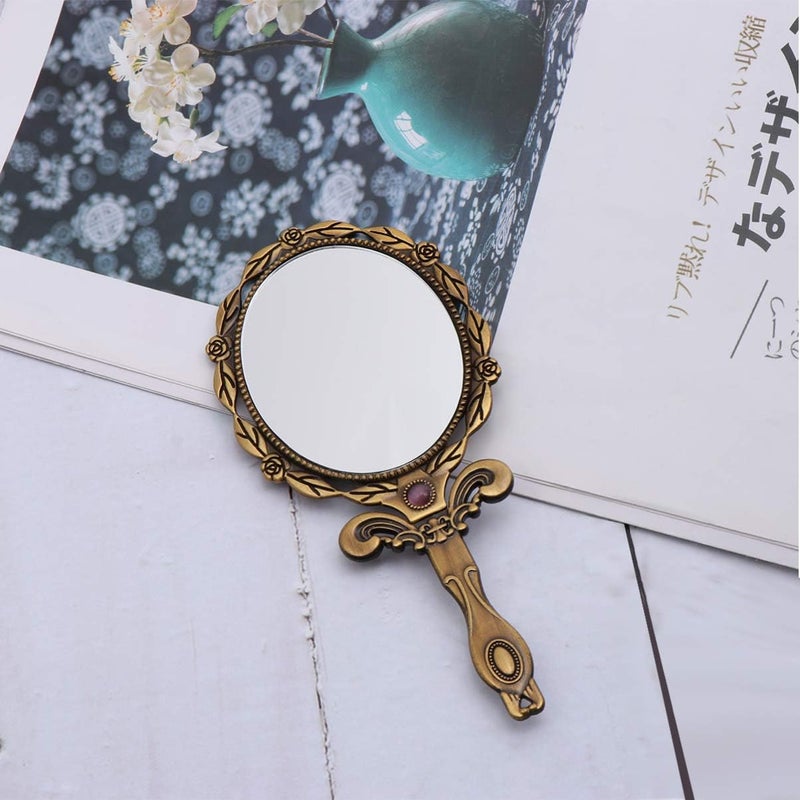 YELONA YELONA Portable Folding Makeup Hand Mirror Framed Metal Vanity Vintage Mirror with Handle for Desk Table Camping Travel Personal BronzePack of 1 Round Tabletop Mount  - Image 2