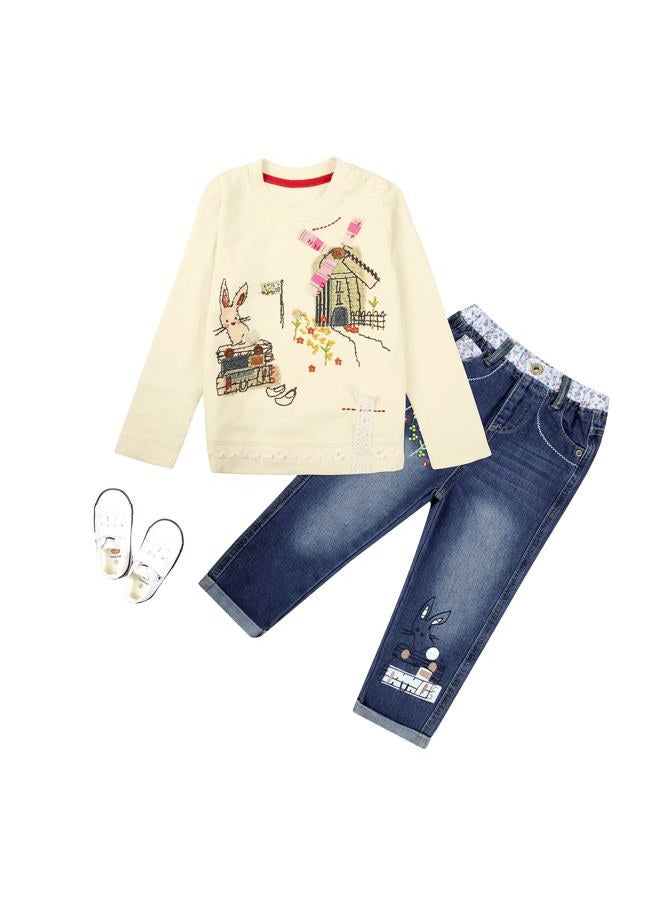 MAXIMGR Toddler Girl Clothes Baby Girl Outfits Cute Long Sleeve Cartoon Top + Jeans Pants Fall Winter Girls Clothing Sets, New Apricot, 7 Years - Image 5