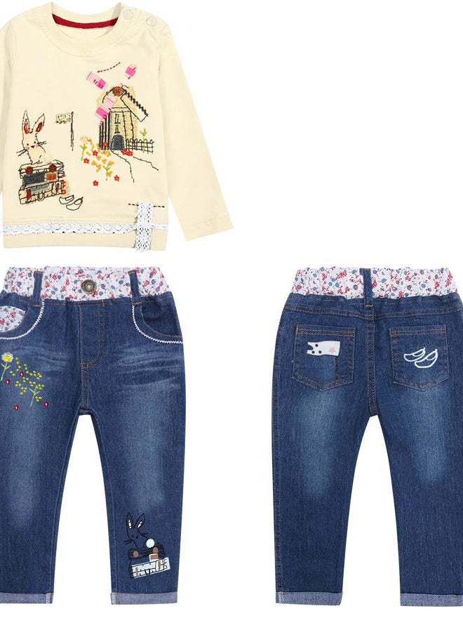 MAXIMGR Toddler Girl Clothes Baby Girl Outfits Cute Long Sleeve Cartoon Top + Jeans Pants Fall Winter Girls Clothing Sets, New Apricot, 7 Years - Image 2