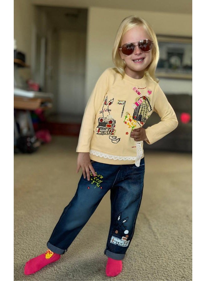 MAXIMGR Toddler Girl Clothes Baby Girl Outfits Cute Long Sleeve Cartoon Top + Jeans Pants Fall Winter Girls Clothing Sets, New Apricot, 7 Years - Image 4