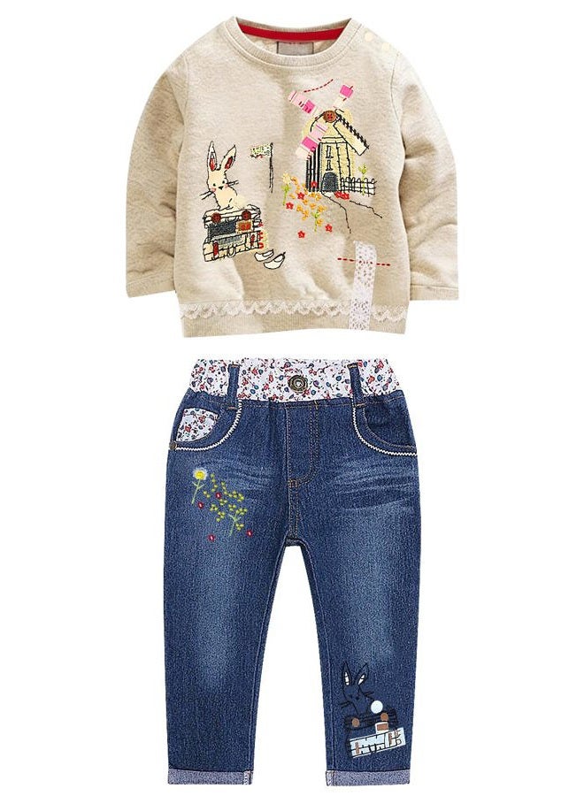 MAXIMGR Toddler Girl Clothes Baby Girl Outfits Cute Long Sleeve Cartoon Top + Jeans Pants Fall Winter Girls Clothing Sets, New Apricot, 7 Years - Image 1