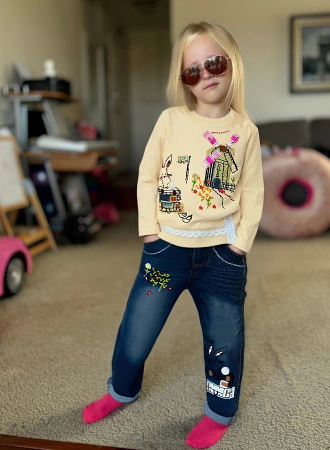 MAXIMGR Toddler Girl Clothes Baby Girl Outfits Cute Long Sleeve Cartoon Top + Jeans Pants Fall Winter Girls Clothing Sets, New Apricot, 7 Years - Image 3