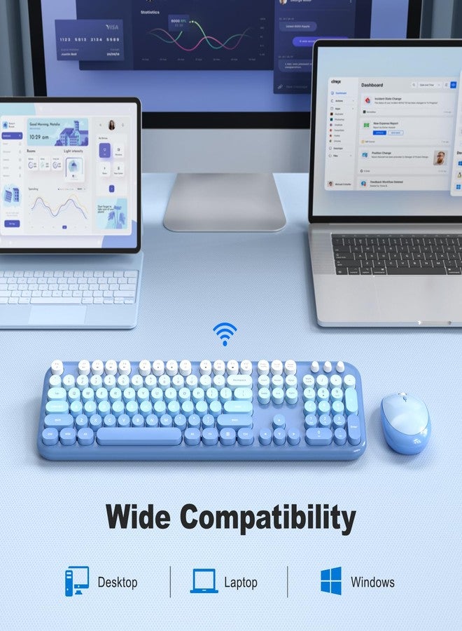 KNOWSQT Wireless Keyboard Mouse Combo - Lovely Blue-Gradient Rainbow Full-Sized Typewriter Colorful Keyboards, Round Keycap Plug Play Retro Cute Keyboards for Windows, Laptop, PC, Desktop, Computer - Image 4