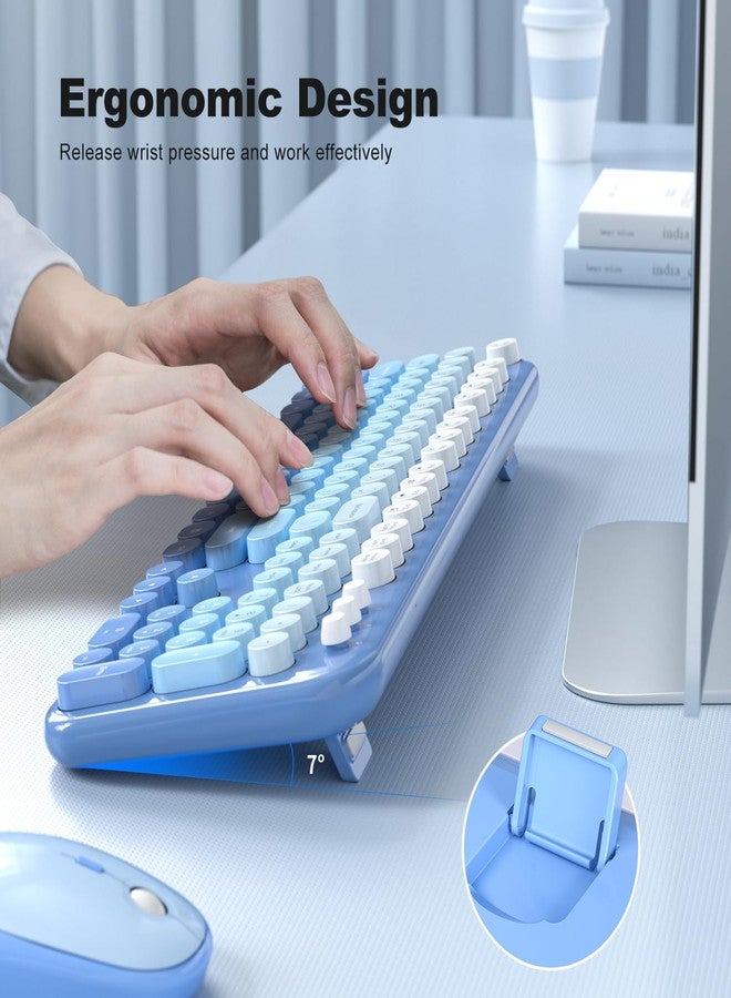 KNOWSQT Wireless Keyboard Mouse Combo - Lovely Blue-Gradient Rainbow Full-Sized Typewriter Colorful Keyboards, Round Keycap Plug Play Retro Cute Keyboards for Windows, Laptop, PC, Desktop, Computer - Image 3