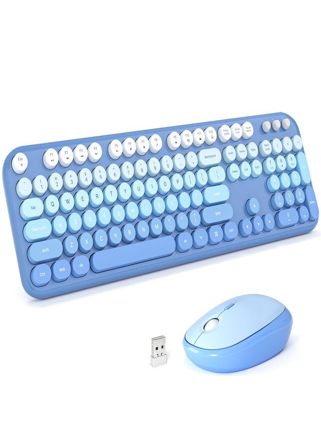 KNOWSQT Wireless Keyboard Mouse Combo - Lovely Blue-Gradient Rainbow Full-Sized Typewriter Colorful Keyboards, Round Keycap Plug Play Retro Cute Keyboards for Windows, Laptop, PC, Desktop, Computer - Image 1