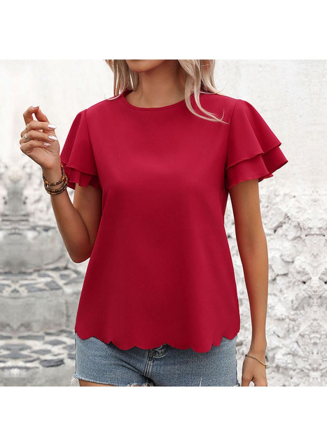 Solid Color Double-Layer Flounce Sleeve Top – Summer Style