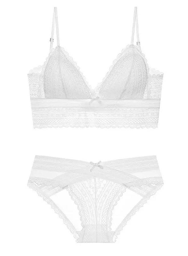 Comfy Solid Color Thin Cup Lace No Steel Ring Bras Panty Set White Size XL 