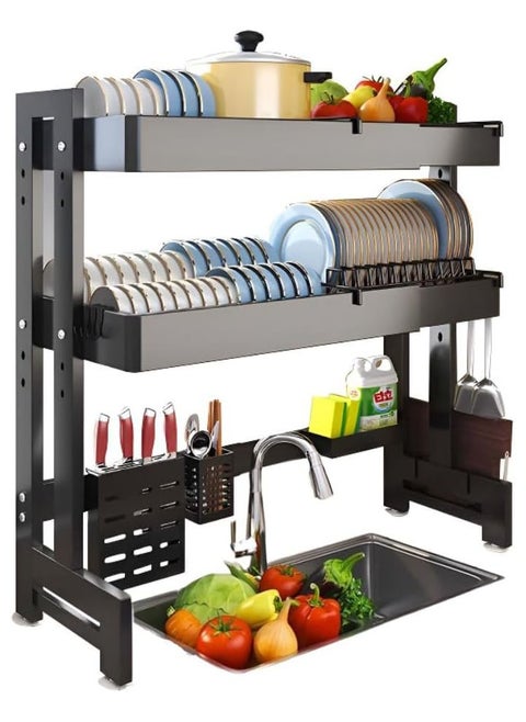 Dish Rack, 64-100 CM Length Adjustable Over The Sink Dish Rack Extra Heavy Duty Adjustable Length and Height Large Dish Drying Stand Drainer with Utensil Holder for Kitchen Countertop Organizer