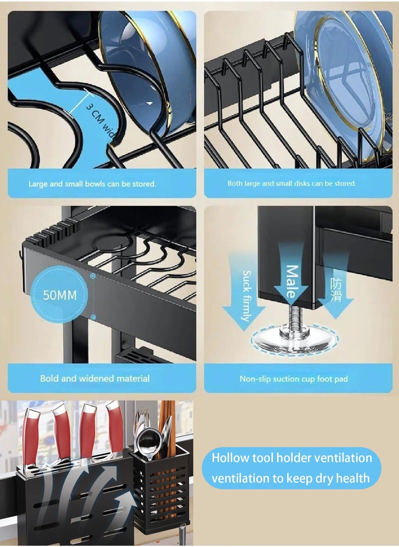MissTiara - Dish Rack, 64-100 CM Length Adjustable Over The Sink Dish Rack Extra Heavy Duty Adjustable Length and Height Large Dish Drying Stand Drainer with Utensil Holder for Kitchen Countertop Organizer - Image 1