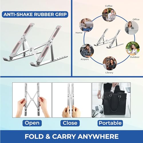 Zirak Laptop Stand | Adjustable & Foldable Riser with 7 Height Levels | Portable Laptop Holder with Anti-Slip Pads & Carry Pouch | Fits 10–17 Inch Laptops & Tablets (Silver) - Image 2