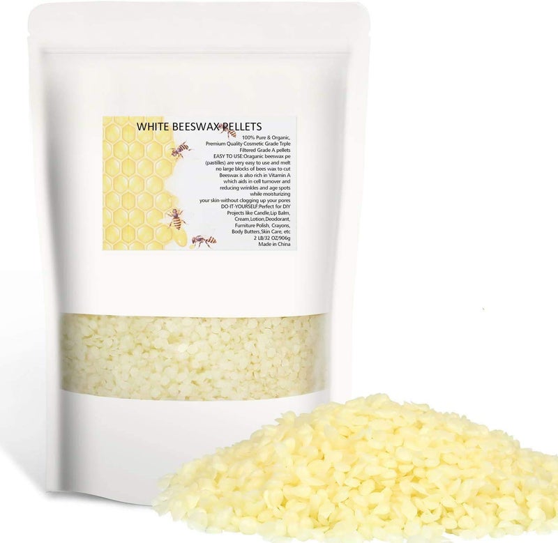 Howemon White Beeswax Pellets 2LB 100 Pure and Natural Triple Filtered for Skin Face Body and Hair Care DIY Creams Lotions Lip Balm and Soap Making Supplies