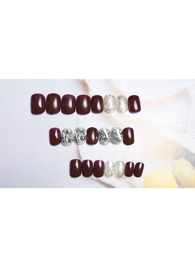 Rapidsflow 24Pc Set Of Long French Artificial Nails Full Nail Extension With Free Application Kit (Maroon Stone 2) - Image 1