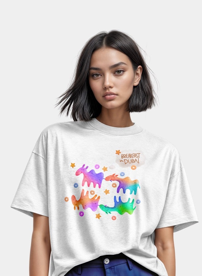 Hempelcat T-shirt Camel cookies colour: Breakfast in Dubai white printed 100% cotton for women  - Image 1
